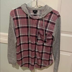 Rue21 Pink Plaid Shirt with Gray Hood